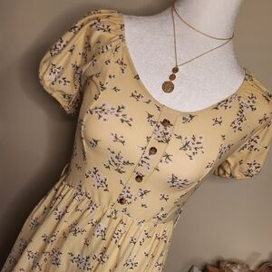 Womens XS Spring Yellow Floral Mini Baby Doll Dress